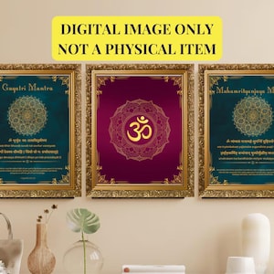 Gayatri Mantra, Om wall art Mantra, Mahamrityunjaya mantra | Set of 3 Lively and Colorful Mantra Wall Art for Daily Prayers DIGITAL DOWNLOAD