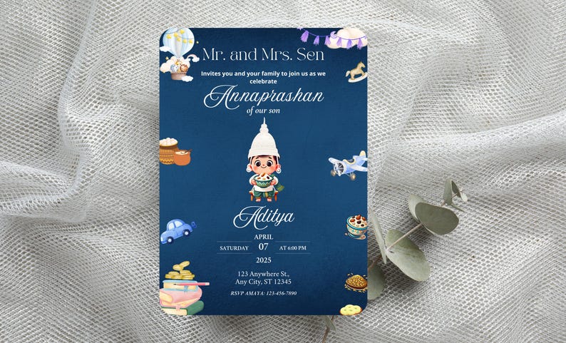 May include: A rectangular navy blue invitation card for an Annaprashan ceremony. The text reads Mr. and Mrs. Sen invite you to celebrate Annaprashan of our son Aditya on Saturday, April 07, 2025 at 6:00 PM. It features illustrations of a hot air balloon, a rocking horse, a small airplane, a car, books, and food items.