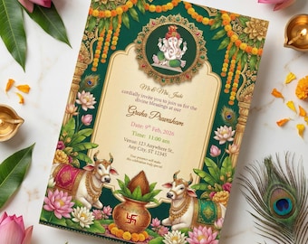 Invito inaugurazione della casa indiano personalizzabile, Grihapravesh, Gruhapravesam (download digitale)