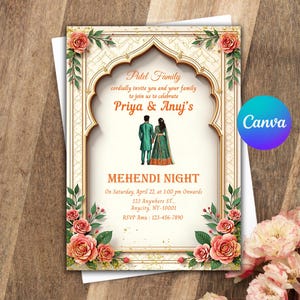 Mehndi uitnodigingssjabloon, Indiase huwelijksuitnodiging, Mehendi digitale sjabloon, Indiase bruiloft, bewaar deze datum, Mehndi invite Canva-sjabloon