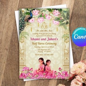 Half Saree Invitation 5x7, Editable Half Saree Ceremony Invitation, Puberty Ritu Kala Samskaram, Langa Voni Invites Canva Editable Template