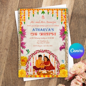 Carte d'invitation modifiable Annaprashan, invitation à la cérémonie de nourrissage du riz pour bébé garçon, cérémonie de sevrage MukheBhaat Annaprashan TÉLÉCHARGEMENT NUMÉRIQUE Canva