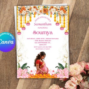 Indian Baby Shower Invite, Seemantham, Valaikappu, Godh Bharai Invitation Canva Digital Template, Instant Download, Baby Boy Girl Template