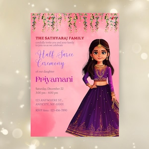 Half Saree Invitation 5x7, Editable Half Saree Ceremony Invitation, Puberty Ritu Kala Samskaram, Langa Voni Invites Canva Editable Template