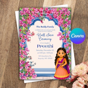 Half Saree Invitation 5x7, Editable Half Saree Ceremony Invitation, Puberty Ritu Kala Samskaram, Langa Voni Invites Canva Editable Template