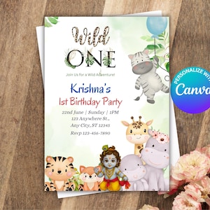 Baby Krishna Safari Birthday Invitation: Editable Canva Template (Instant Download)