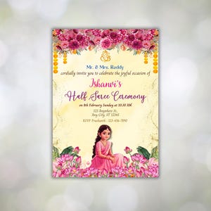 Half Saree Invitation 5x7, Editable Half Saree Ceremony Invitation, Puberty Ritu Kala Samskaram, Langa Voni Invites Canva Editable Template