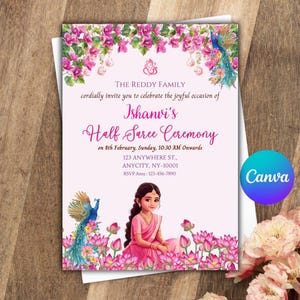 Half Saree Invitation 5x7, Editable Half Saree Ceremony Invitation, Puberty Ritu Kala Samskaram, Langa Voni Invites Canva Editable Template