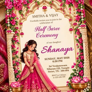 May include: A rectangular invitation card for a Half Saree Ceremony featuring an illustration of a girl in a pink lehenga. The text reads Smitha & Vijay cordially invites you to join in the celebration of Half Saree Ceremony of our daughter Shanaya.