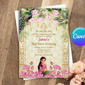 Half Saree Invitation 5x7, Editable Half Saree Ceremony Invitation, Puberty Ritu Kala Samskaram, Langa Voni Invites Canva Editable Template