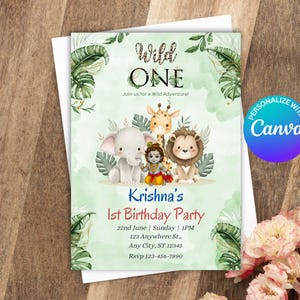 Baby Krishna Safari 1st Birthday Invitation: Editable Canva Template (Digital Download)