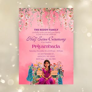 Half Saree Invitation 5x7, Editable Half Saree Ceremony Invitation, Puberty Ritu Kala Samskaram, Langa Voni Invites Canva Editable Template