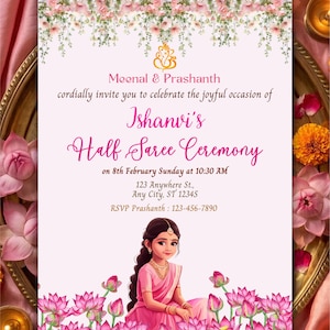 Halbe Saree-Zeremonie-Einladung, Puberty Langa Voni Invite (5x7 Canva-Vorlage)