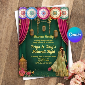 Mehndi Invitation Template, Indian Wedding Invitation, Mehendi Digital Template, Indian Wedding, Save the Date, Mehndi Invite Canva Template