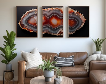 Framed Canvas Print Wall Art Set of 3 Colorful Agate Slices - Abstract Illustrations - Geologic Minimalist Modern Art Boho Decor