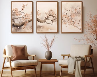 Impresiones enmarcadas de flor de cerezo japonés - Obras de arte minimalistas - Arte de pared original / Conjunto de 3 obras de arte inspiradas en Japandi