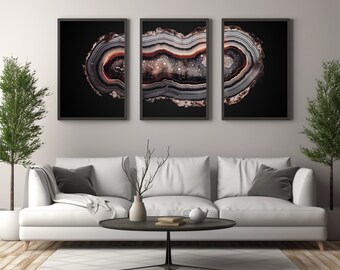 Framed Canvas Print Wall Art Set of 3 Colorful Agate Slices - Abstract Illustrations - Geologic Nature Minimalist Modern Art Boho Decor