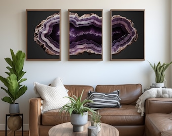Framed Canvas Print Wall Art Set of 3 Colorful Amethyst Geode Slices - Abstract Illustrations - Nature Minimalist Modern Art Boho Decor