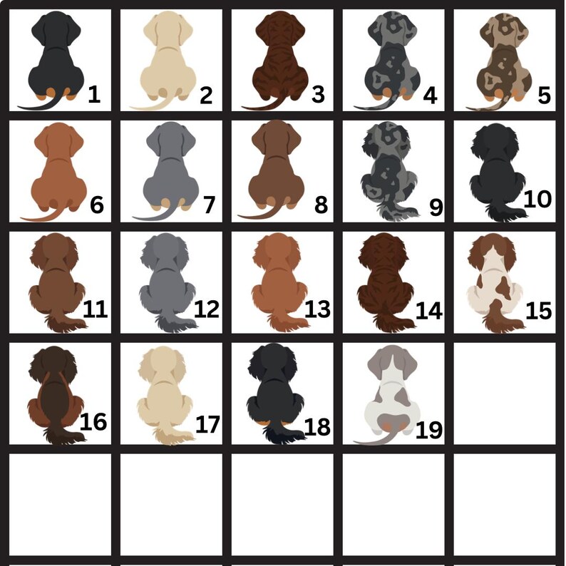 Puede incluir: Una cuadr&iacute;cula de 19 ilustraciones de perros salchicha en varios colores y patrones. Cada perro se representa desde arriba, mostrando su espalda y cola. Los perros est&aacute;n numerados del 1 al 19.