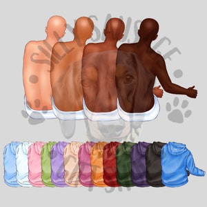 Puede incluir: Ilustraci&oacute;n de cuatro figuras con diferentes tonos de piel, cada una con la cara de un perro sutilmente integrada en su espalda. Debajo, una fila de sudaderas con capucha de colores en tonos de azul, rosa, verde, morado, beige, naranja, rojo, verde, morado, negro y azul.