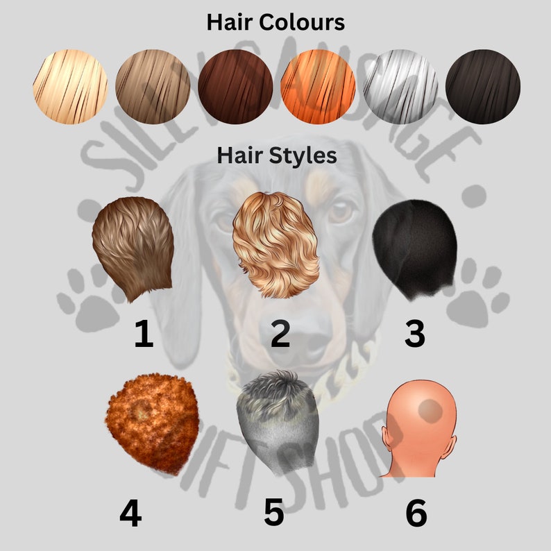 Puede incluir: Ilustraci&oacute;n de un perro salchicha con varios colores y estilos de cabello. La imagen incluye seis muestras de color de cabello y seis opciones de peinado correspondientes, numeradas. Los textos "Hair Colours" y "Hair Styles" se muestran encima de las secciones.