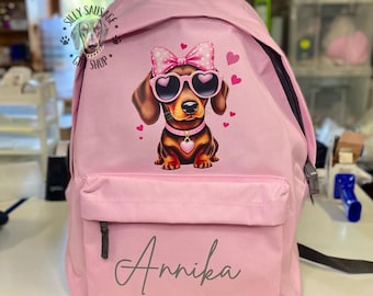 Mochila personalizada de perro salchicha - Mochila escolar - Perro salchicha - Perro salchicha chocolate y tostado - Doxie - Mochila escolar - Bonita