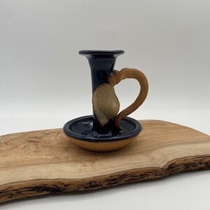 Vintage Brigitte Haag Signed 1970's Pottery Blue Candlestick Holder with Applied Leaf and Vine Handle
