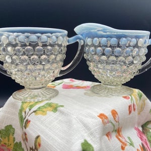 Moonstone Hobnail Opalescent Open Sugar and Creamer by Anchor Hocking 1940&#39;s