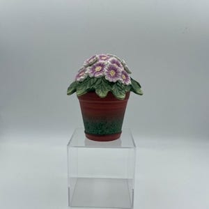 Może przedstawiać: Mały ceramiczny doniczkowy z czerwoną podstawą i zielonymi liśćmi. Doniczka jest wypełniona białymi kwiatami z fioletowymi środkami.