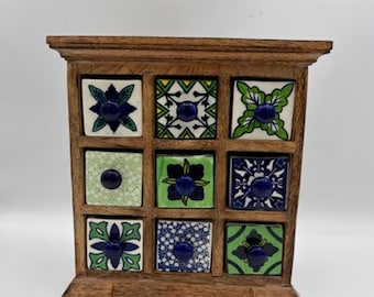 Vintage 9 Drawer Wood and Ceramic Apothecary Spice Cabinet for Countertop
