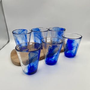 Set of 6 Bormioli Rocco Murano Blue Swirl Handblown Large Drinking Glasses 4.5"H Italy Discontinued Pattern