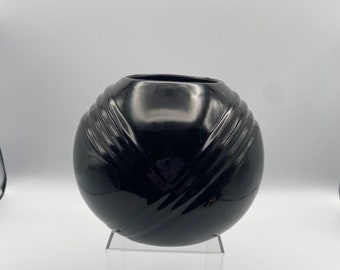 Vintage Art Deco Glossy Black Sphere with Slash Detail Ceramic Vase 6"D