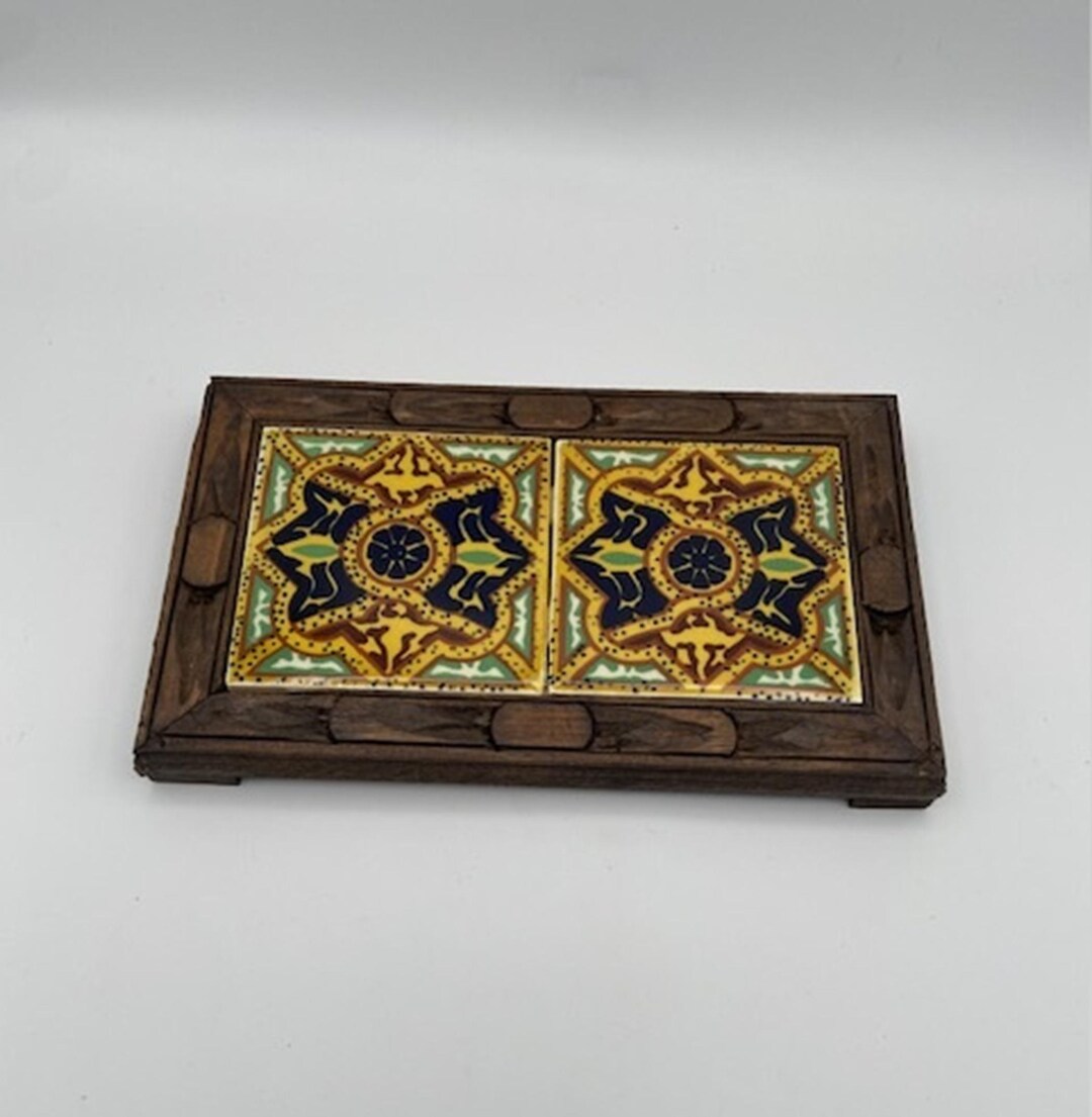Tin Rivet Frame Vintage Double Tile Trivet Handmade Carved Wood Frame With Feet ...