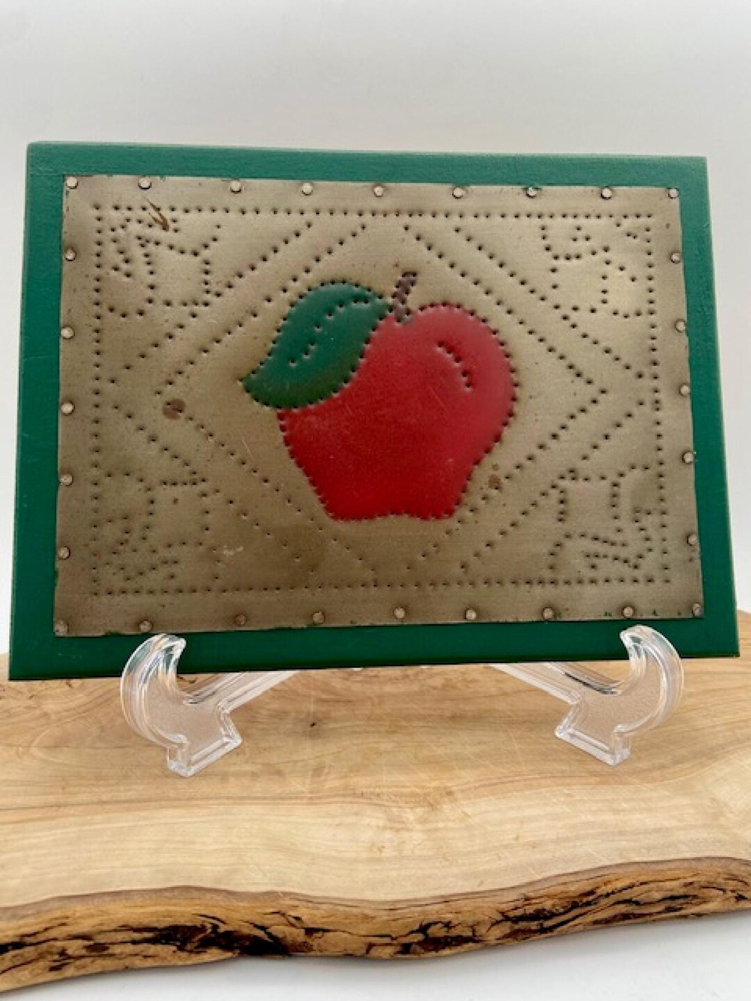 Vintage Apple Folk Art Wall Hanging Punched Metal on Wood - Etsy