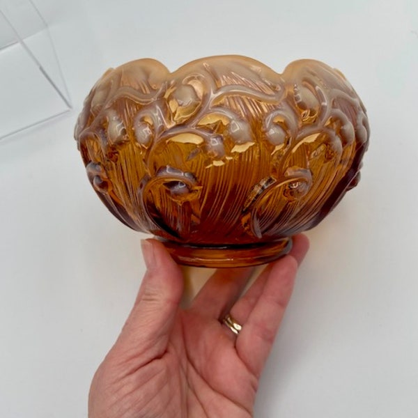 Fenton Vintage Amber Opalescent Glass Lily of the Valley Rose Bowl 6" diameter