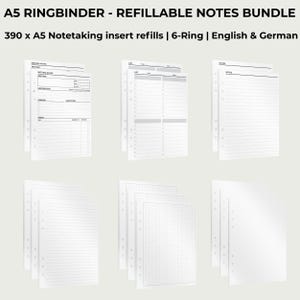 Könnte beinhalten: A5 Ringbuch Nachfüllpack Notizen-Bundle. Das Bild zeigt mehrere Stapel weißer A5 Notizblock-Einsätze mit verschiedenen Layouts, darunter linierte, karierte und Besprechungsnotizseiten. Der Text auf dem Bild lautet "A5 RINGBINDER - REFILLABLE NOTES BUNDLE".