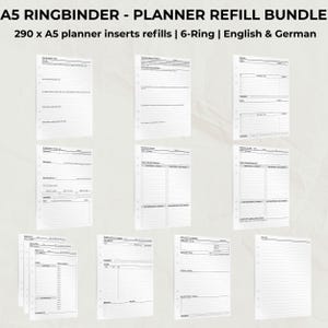 Könnte beinhalten: A5 Ringbuch-Planer-Nachfüllpaket mit 290 A5-Planereinlagen. Die Einlagen sind für einen 6-Ring-Ordner konzipiert und enthalten verschiedene Planungsseiten. Der Text oben im Bild lautet "A5 RINGBINDER - PLANNER REFILL BUNDLE".