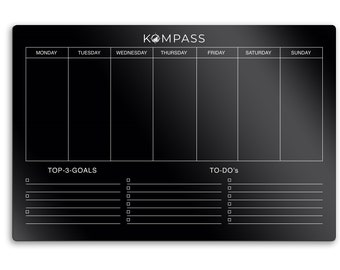 AGENDA SETTIMANALE COMPASS | Lavagna magnetica per planner da parete in vetro acrilico | lavabile | magnetico | Incl. Lista delle cose da fare | 60x40 cm | Bianco e nero