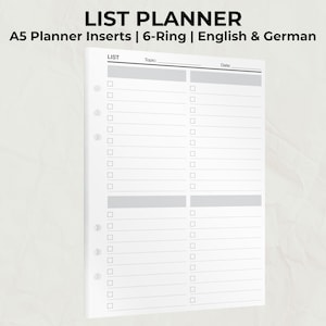 Könnte beinhalten: Ein weißes A5-Planereinlageblatt mit 6-Ring-Design. Oben auf dem Einlegeblatt stehen die Worte "LIST PLANNER" in fetten schwarzen Buchstaben. Das Einlegeblatt hat ein Listenformat mit Kontrollkästchen und Platz für Themen und Daten.