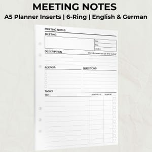 Könnte beinhalten: Weiße A5-Planereinlagen mit 6-Ring-Design. Die Einlagen haben Abschnitte für Besprechungsnotizen, Tagesordnung, Fragen und Aufgaben. Der Text enthält "MEETING NOTES" und "A5 Planner Inserts | 6-Ring | English & German".