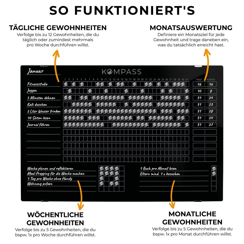 COMPASS Habit Tracker Habit Tracker Wall planner magnetic board made of acrylic glass wipeable Whiteboard 60x40cm Black image 5