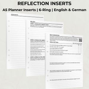 Può includere: Inserti per planner A5 con design a 6 anelli. Gli inserti bianchi includono sezioni per credenze, autodiagnosi e definizione degli obiettivi. Il testo "REFLECTION INSERTS" è in alto.