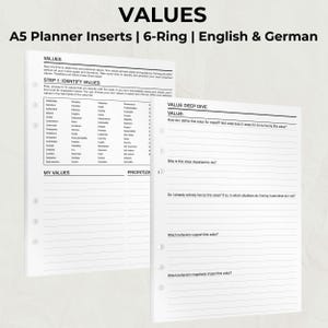 Könnte beinhalten: Weiße A5-Planereinlagen mit dem Titel "VALUES" in fetten schwarzen Buchstaben. Die Einlagen sind für einen 6-Ring-Ordner konzipiert und enthalten Abschnitte zur Identifizierung und Priorisierung persönlicher Werte. Der Text ist auf Englisch und Deutsch.