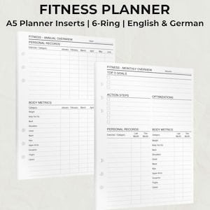Könnte beinhalten: Weiße A5 Fitness-Planer-Einsätze mit 6-Ring-Ordner-Design. Der Planer enthält Abschnitte für Jahres- und Monatsübersichten, persönliche Aufzeichnungen, Körpermaße, Top-Ziele, Aktionsschritte und Optimierungen. Der Text ist auf Englisch und Deutsch.
