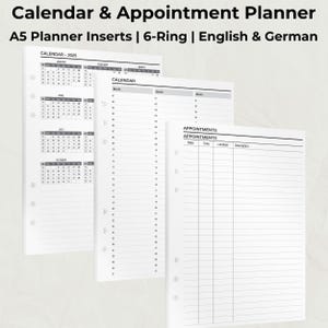 Può includere: Inserti per planner A5 bianchi con pagine di calendario e appuntamenti. Le pagine del calendario mostrano mesi e date, mentre le pagine degli appuntamenti hanno spazi per ora, luogo e descrizione. Il testo include "CALENDAR - 2025" e "APPOINTMENTS".