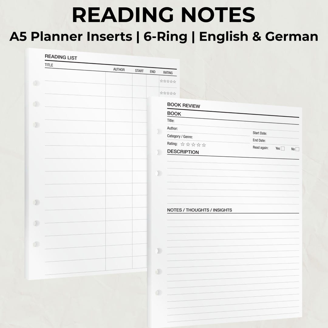 Reading Notes – A5 Planner Inserts | 16 Sheets for Book Tracking ...