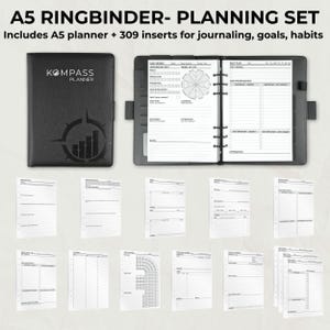Könnte beinhalten: Ein schwarzes A5 Ringbuch-Planungsset mit dem Text "A5 RINGBINDER- PLANNING SET" und "Includes A5 planner + 309 inserts for journaling, goals, habits". Der Planer hat das Logo "KOMPASS PLANNER". Enthält verschiedene Planungseinsätze.