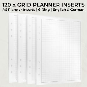 Puede incluir: Insertos de planificador A5 blancos con un patrón de cuadrícula. Los insertos están diseñados para una carpeta de 6 anillas y llevan el texto "120 x GRID PLANNER INSERTS" y "A5 Planner Inserts | 6-Ring | English & German".
