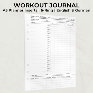 Könnte beinhalten: Ein weißes Workout-Journal-Insert mit dem Text "WORKOUT JOURNAL". Es enthält Abschnitte zum Verfolgen von Übungen, Wiederholungen und Gewicht in Kilogramm. Das Journal hat auch einen Abschnitt für Cardio-Übungen. Der Text "A5 Planner Inserts | 6-Ring | English & German" ist ebenfalls sichtbar.