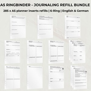 Könnte beinhalten: A5 Ringbuch Journaling Nachfüll-Bundle mit 285 A5 Planer-Einsätzen. Die Einsätze sind für einen 6-Ring-Ordner konzipiert und enthalten englischen und deutschen Text. Die Seiten sind weiß mit schwarzem Text und Linien.